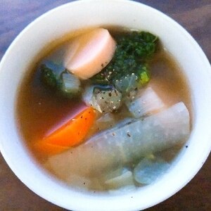 春の彩り♡魚肉ソーセージのコンソメスープ